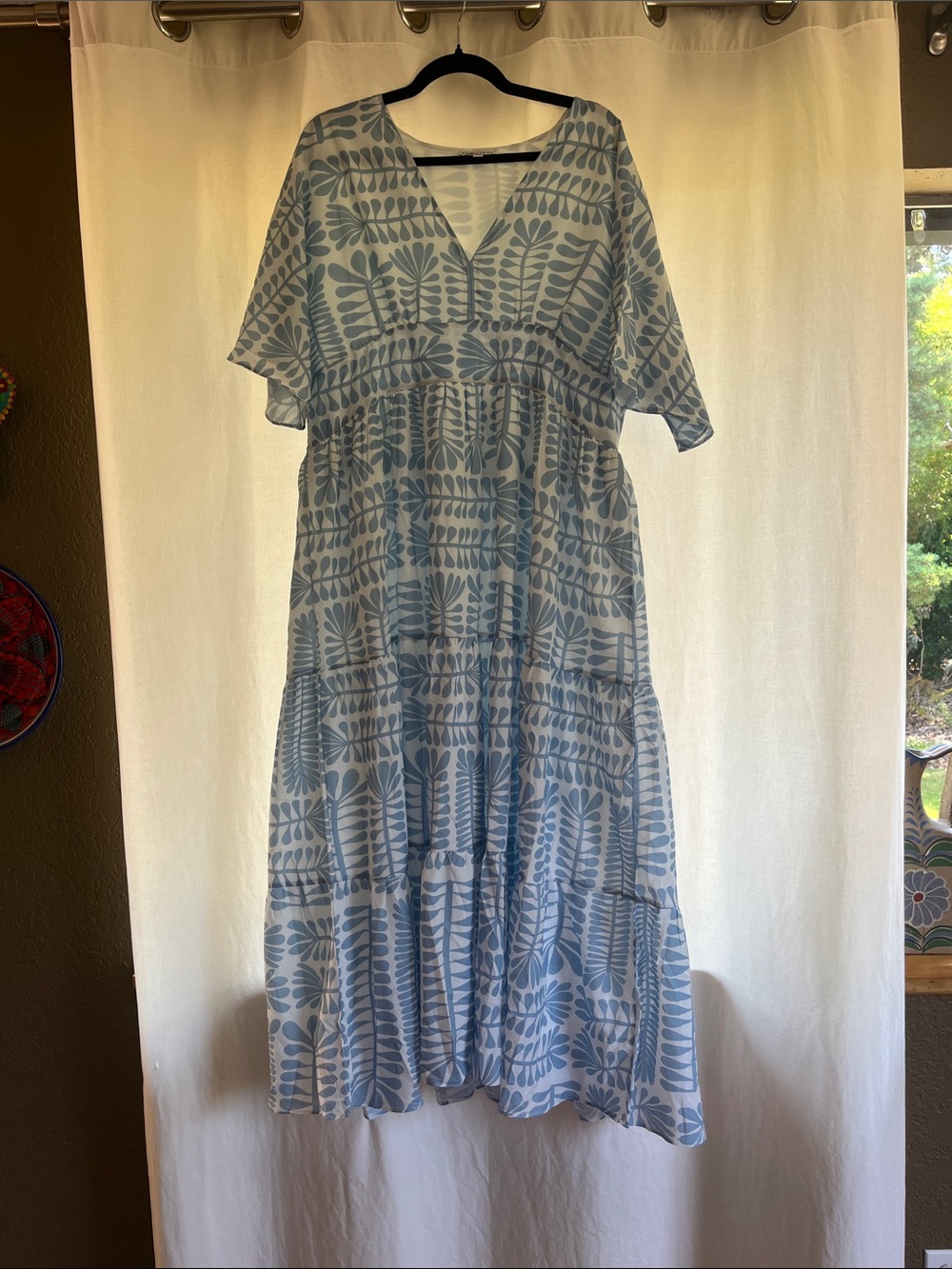 Baltic Born Light Blue Leaf-Print V-Neck Tiered Maxi Dress